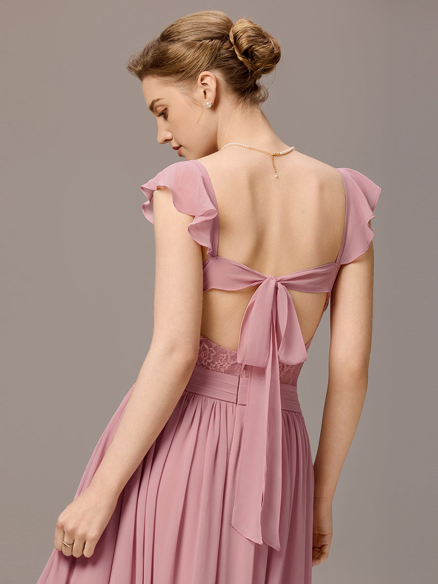 Back-Tie Pleated Ruffles Sleeves Maxi Bridesmaid Dress #color_Dusty Rose