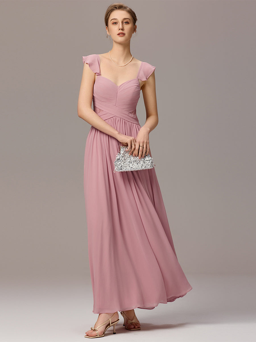 Back-Tie Pleated Ruffles Sleeves Maxi Bridesmaid Dress #color_Dusty Rose