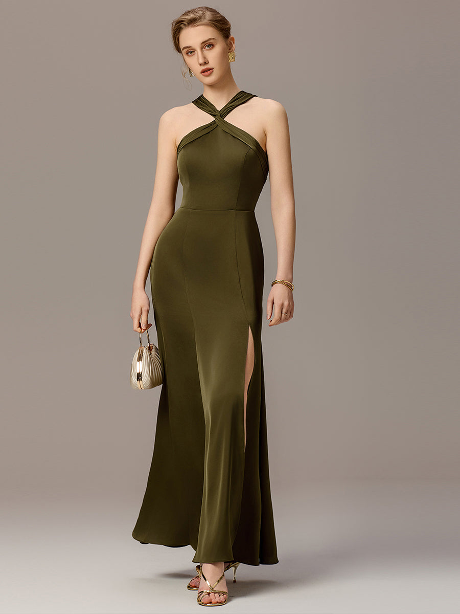 Satin Cross Halter Sleeveless Maxi Bridesmaid Dress #color_Olive Green