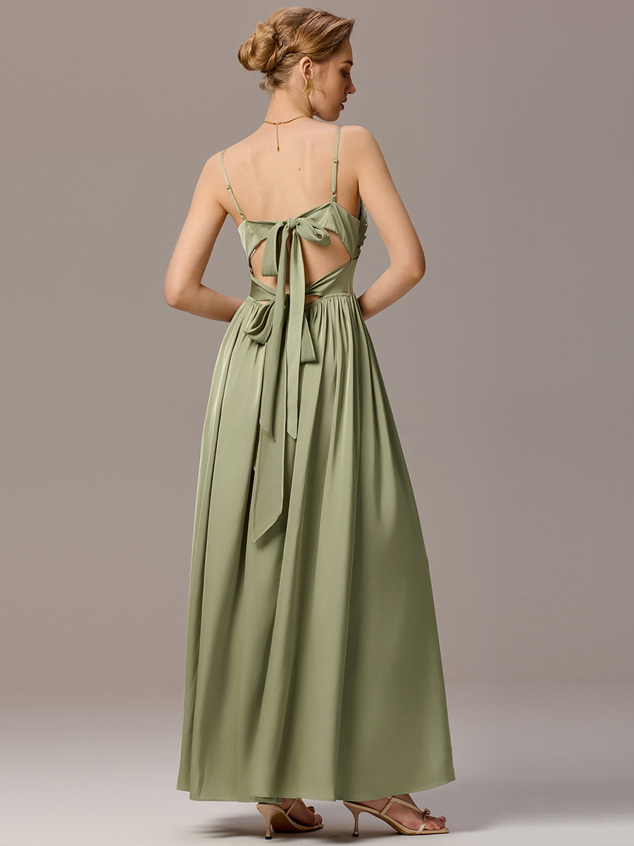 Satin Pleated Back-Tie Sleeveless Maxi Bridesmaid Dress #color_Sage Green