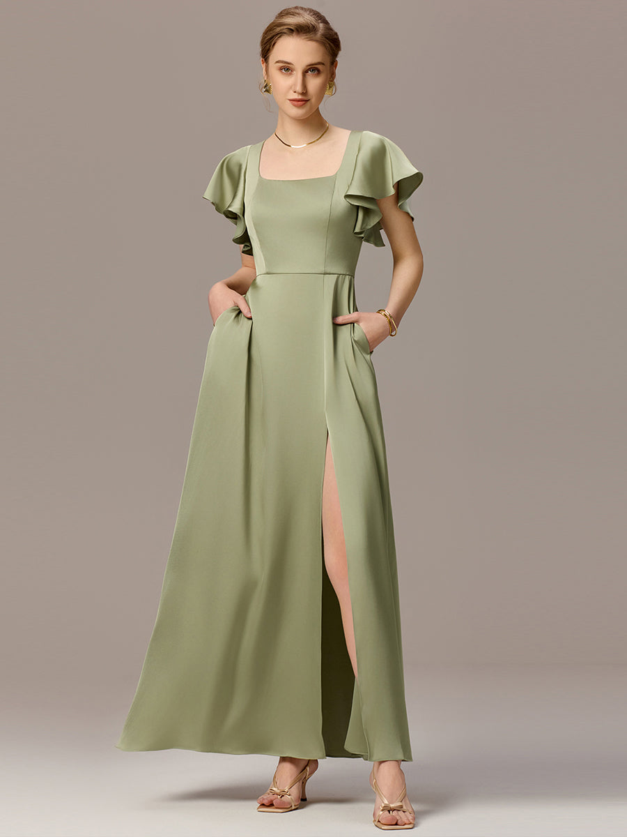 Satin Square Neck Short Sleeve Ruffled Maxi Bridesmaid Dress #color_Sage Green