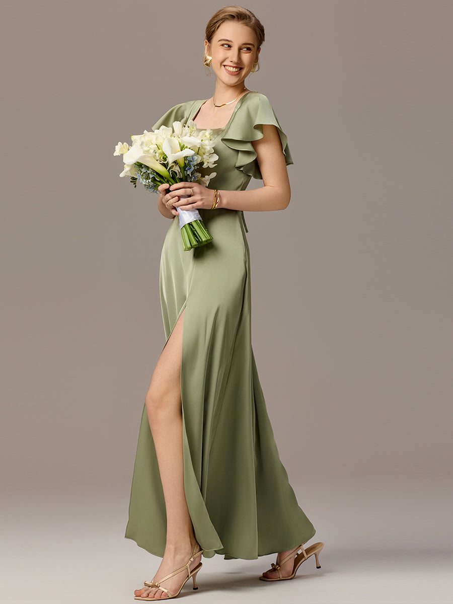 Satin Square Neck Short Sleeve Ruffled Maxi Bridesmaid Dress #color_Sage Green