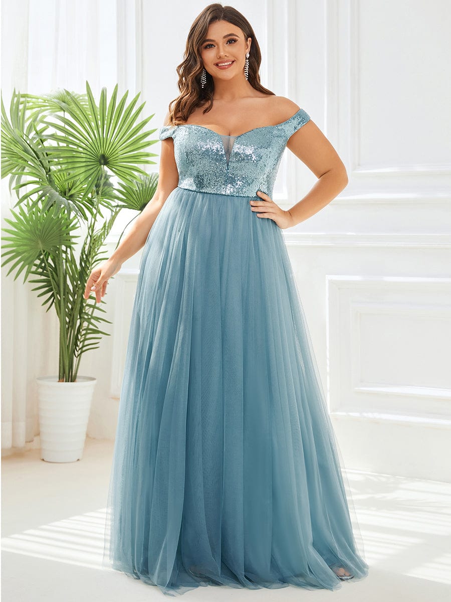 A-line Sequin Off the Shoulder Maxi Tulle Evening Dress #color_Light Teal