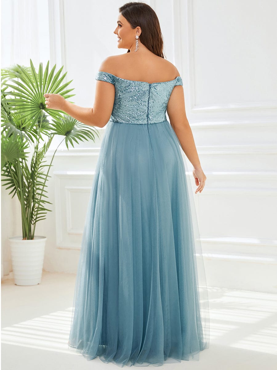 A-line Sequin Off the Shoulder Maxi Tulle Evening Dress #color_Dusty Blue