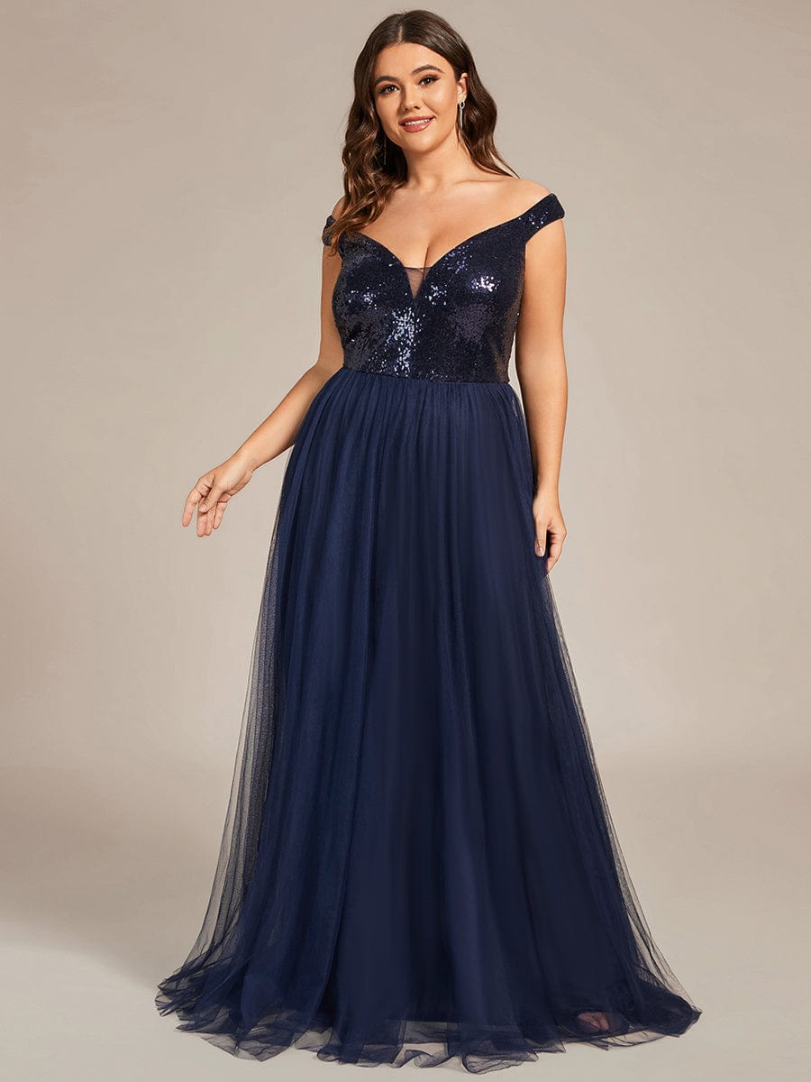 A-line Sequin Off the Shoulder Maxi Tulle Evening Dress #color_Navy Blue