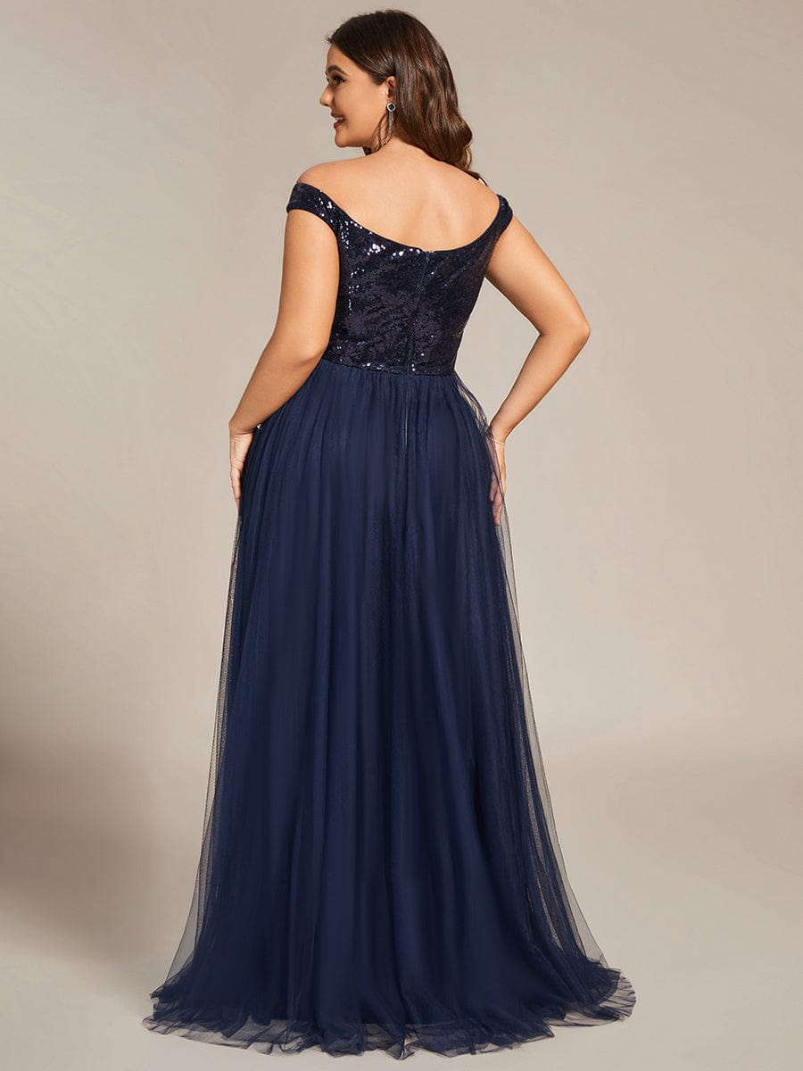 A-line Sequin Off the Shoulder Maxi Tulle Evening Dress #color_Navy Blue