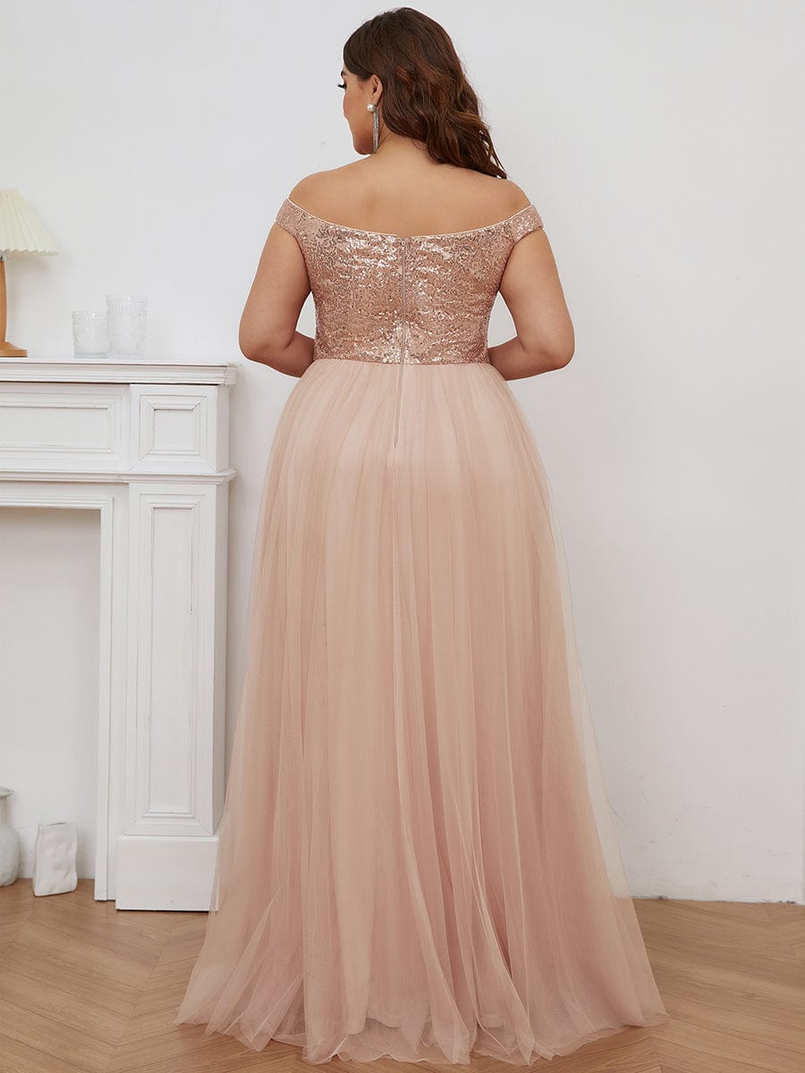 A-line Sequin Off the Shoulder Maxi Tulle Evening Dress #color_Rose Gold