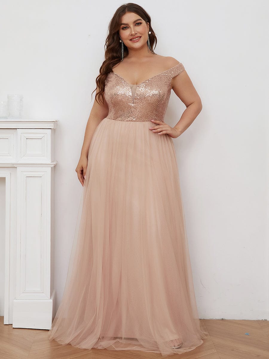 A-line Sequin Off the Shoulder Maxi Tulle Evening Dress #color_Rose Gold