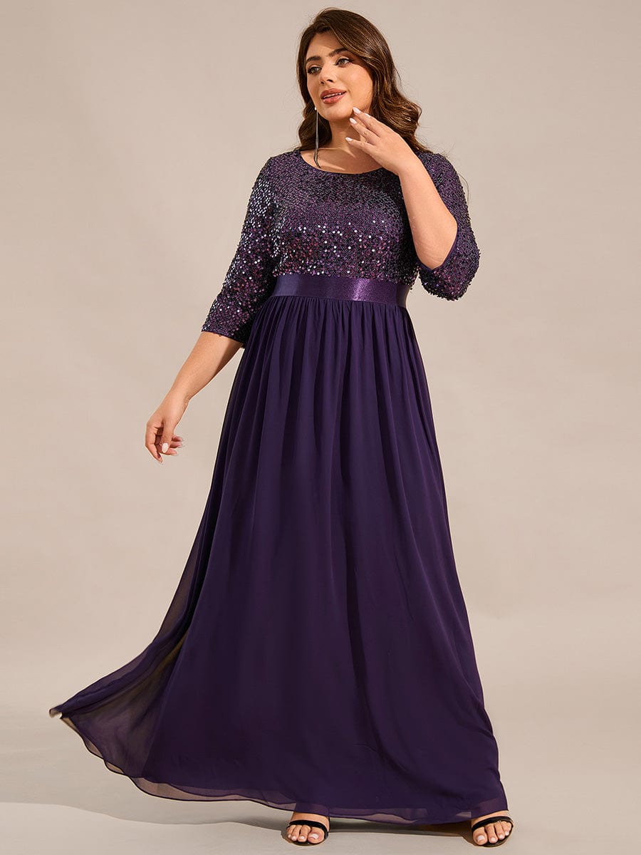 Elegant Round Neckline Long Sleeves Sequin Evening Dress #color_Dark Purple