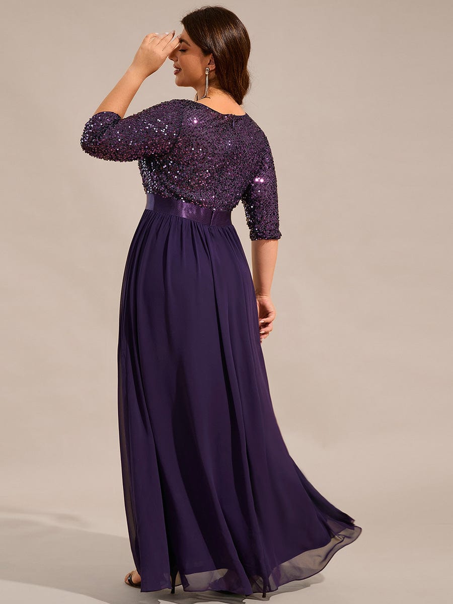 Elegant Round Neckline Long Sleeves Sequin Evening Dress #color_Dark Purple