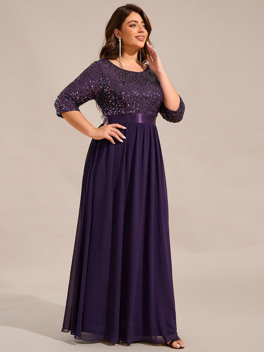 Elegant Round Neckline Long Sleeves Sequin Evening Dress #color_Dark Purple