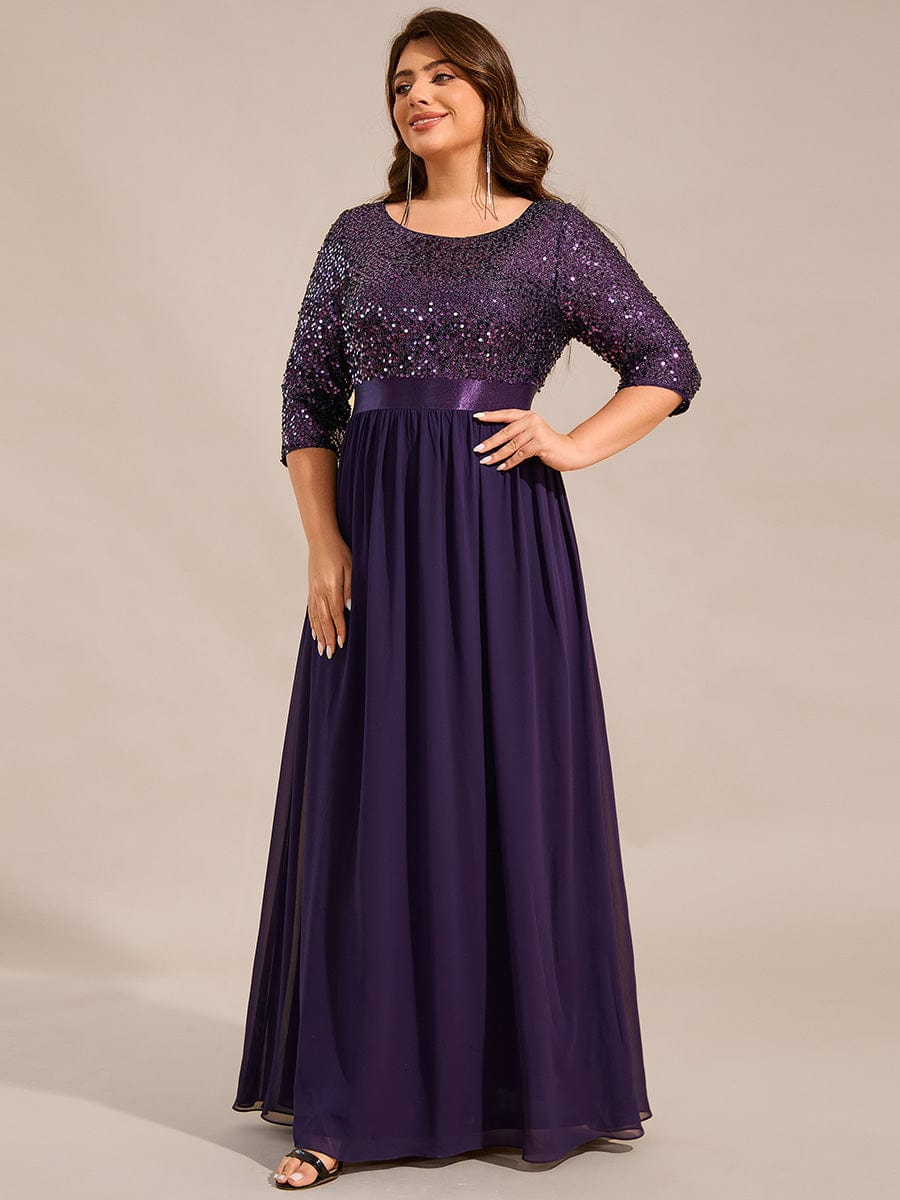 Elegant Round Neckline Long Sleeves Sequin Evening Dress #color_Dark Purple