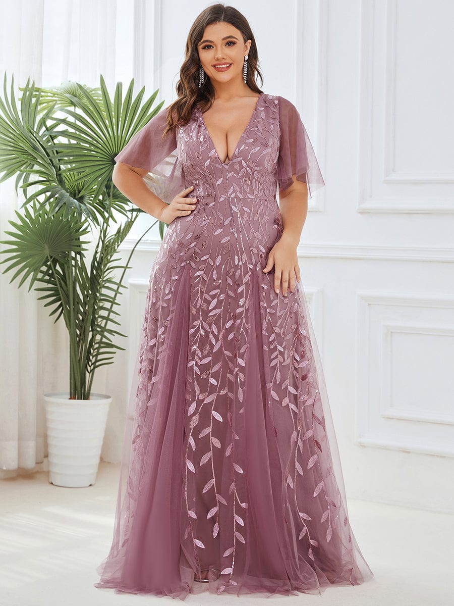 Shimmery V Neck Ruffle Sleeves Sequin Maxi Long Evening Dress #color_Purple Orchid