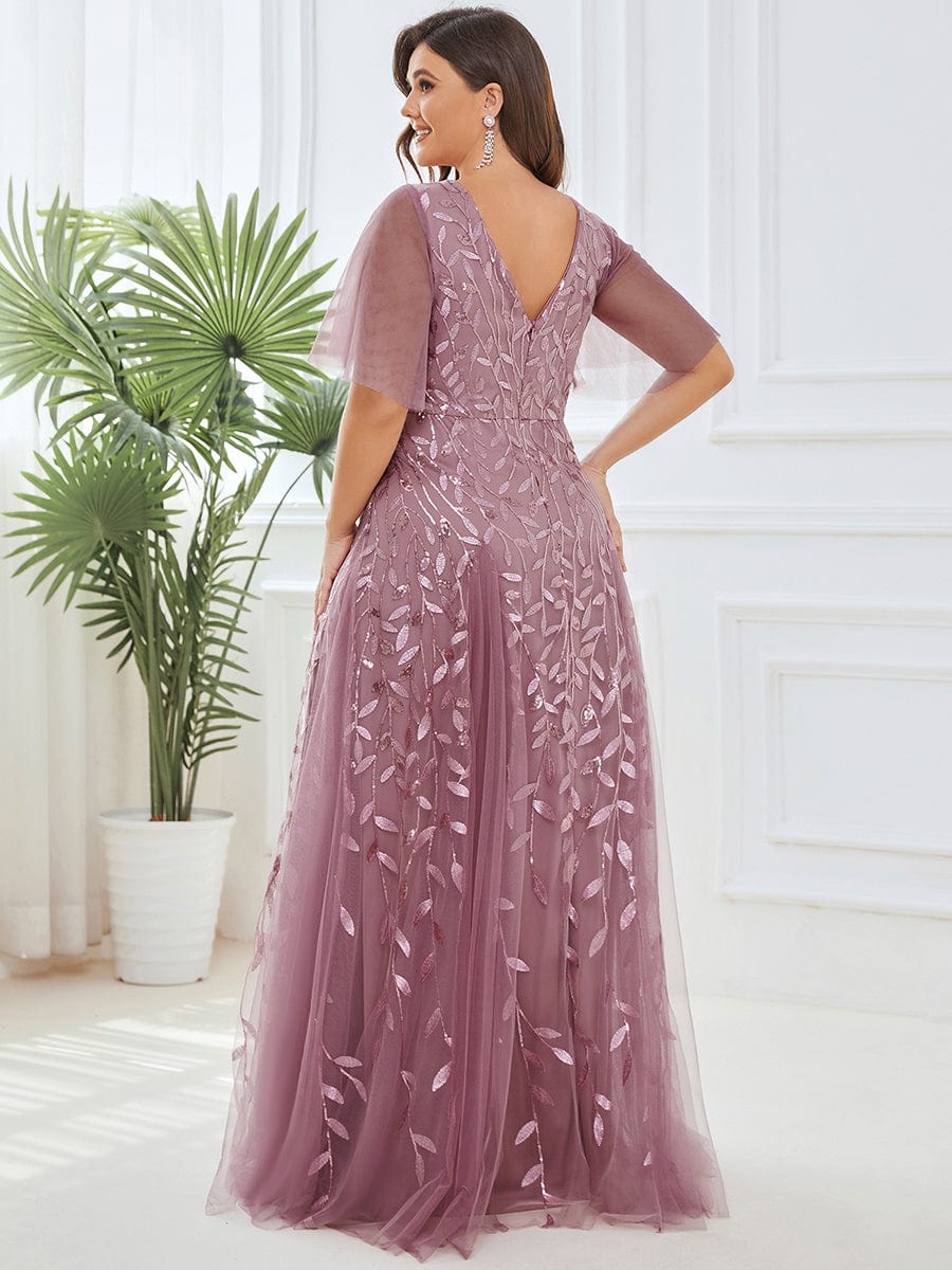 Shimmery V Neck Ruffle Sleeves Sequin Maxi Long Evening Dress #color_Purple Orchid