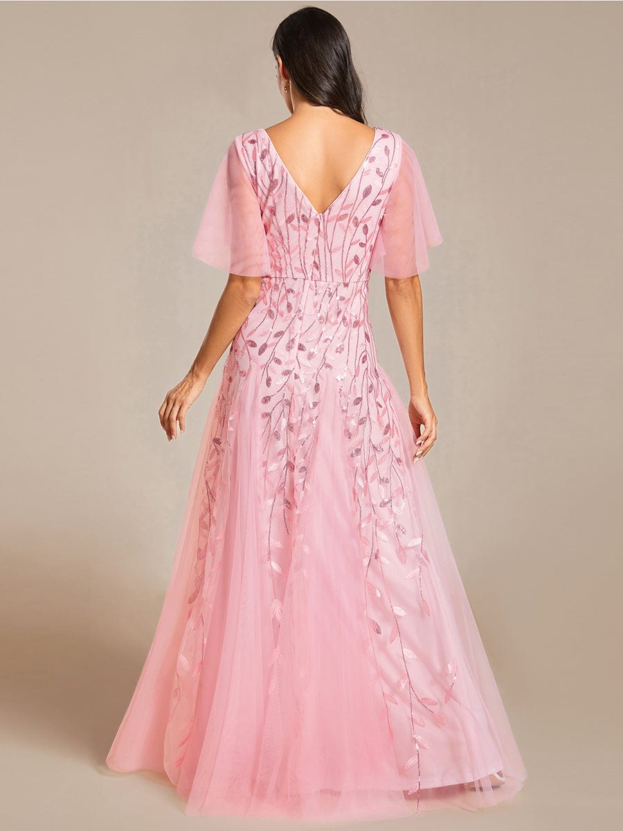 Shimmery V Neck Ruffle Sleeves Sequin Maxi Long Evening Dress #color_Pink