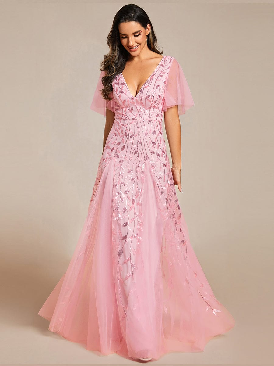 Shimmery V Neck Ruffle Sleeves Sequin Maxi Long Evening Dress #color_Pink