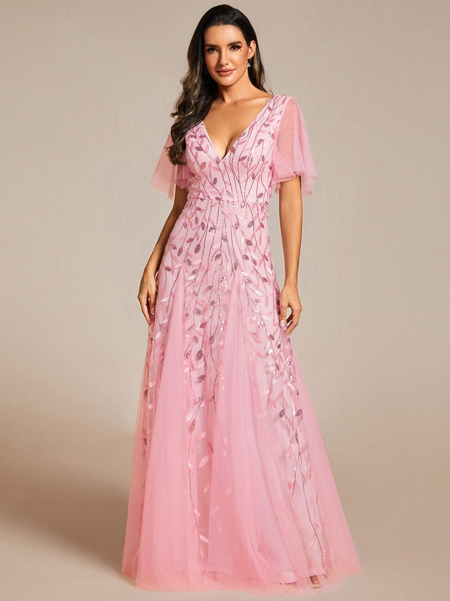 Shimmery V Neck Ruffle Sleeves Sequin Maxi Long Evening Dress #color_Pink