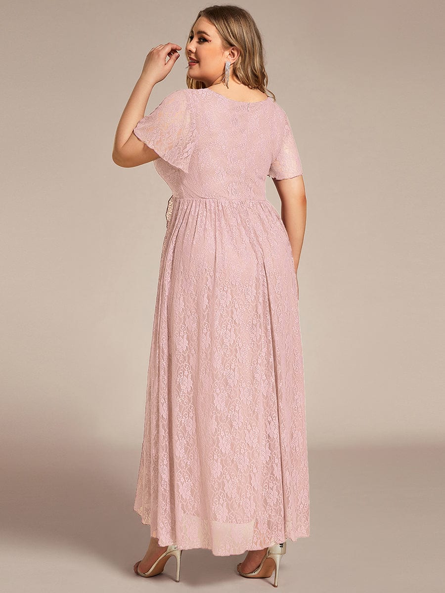 Plus Size Short Sleeve Ruffled V-Neck A-Line Lace Wedding Guest Dress #color_Pink