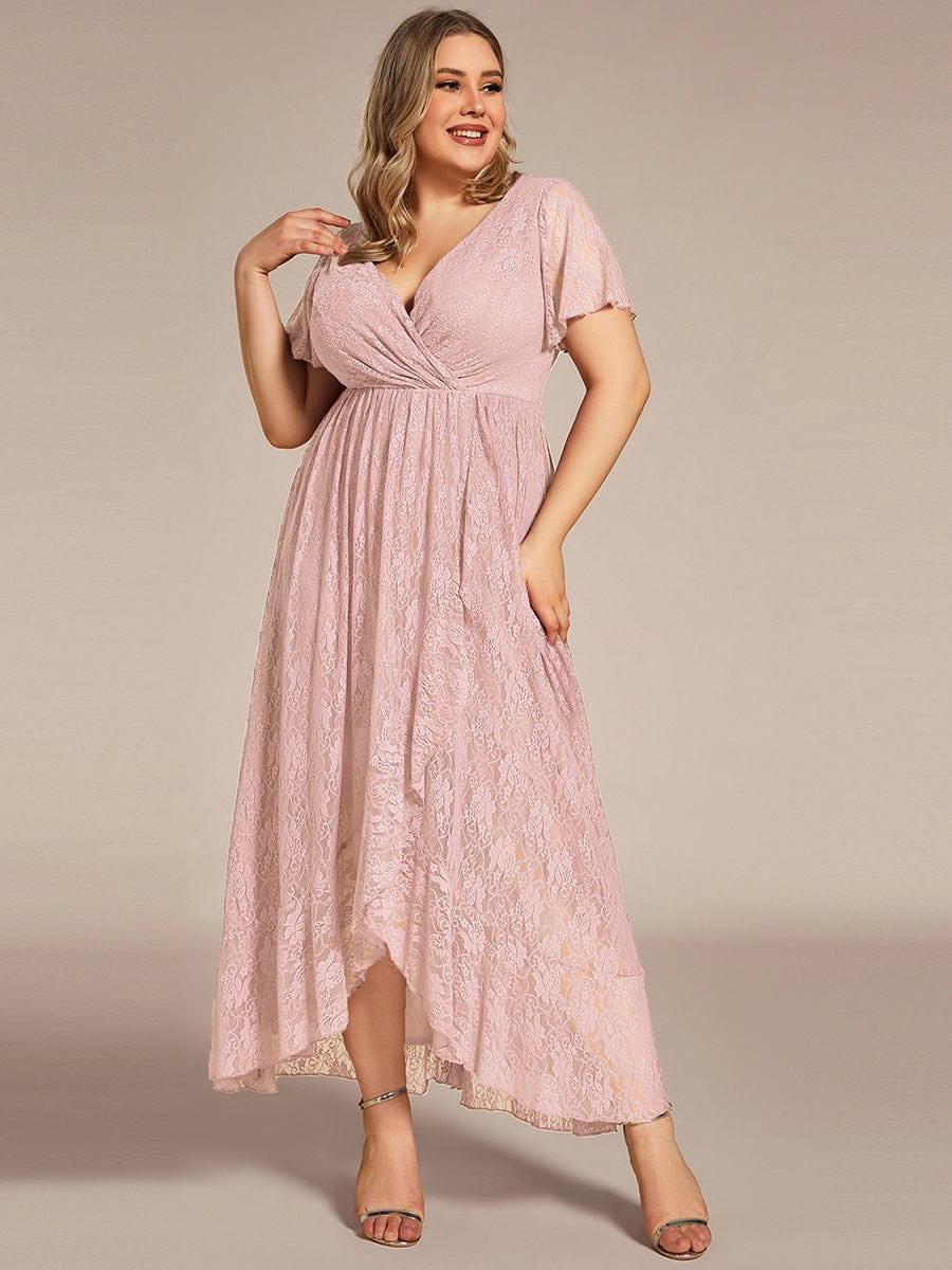 Plus Size Short Sleeve Ruffled V-Neck A-Line Lace Evening Dress #color_Pink