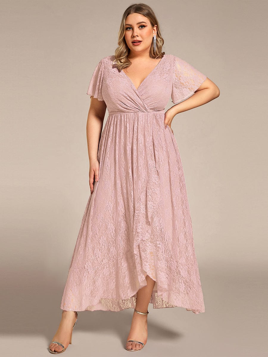 Plus Size Short Sleeve Ruffled V-Neck A-Line Lace Evening Dress #color_Pink