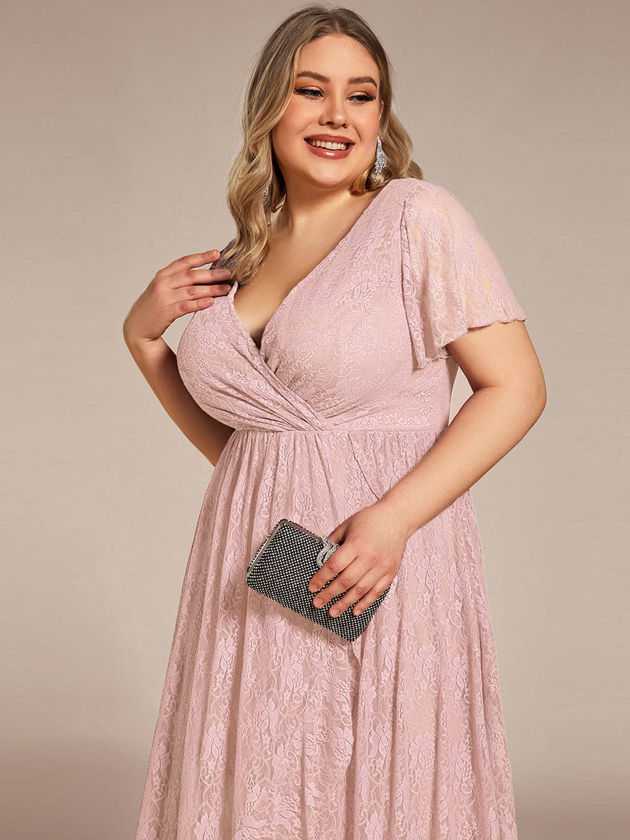 Plus Size Short Sleeve Ruffled V-Neck A-Line Lace Wedding Guest Dress #color_Pink