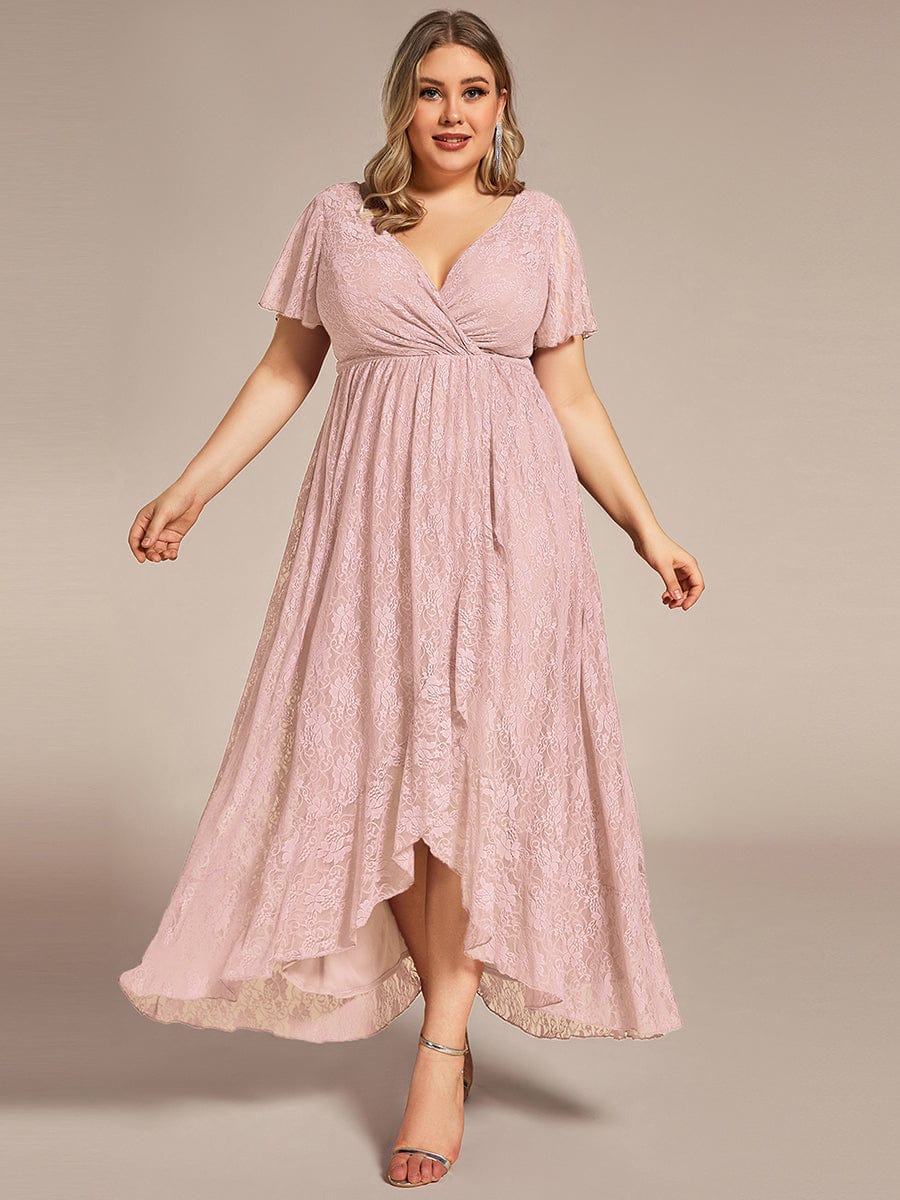 Plus Size Short Sleeve Ruffled V-Neck A-Line Lace Wedding Guest Dress #color_Pink