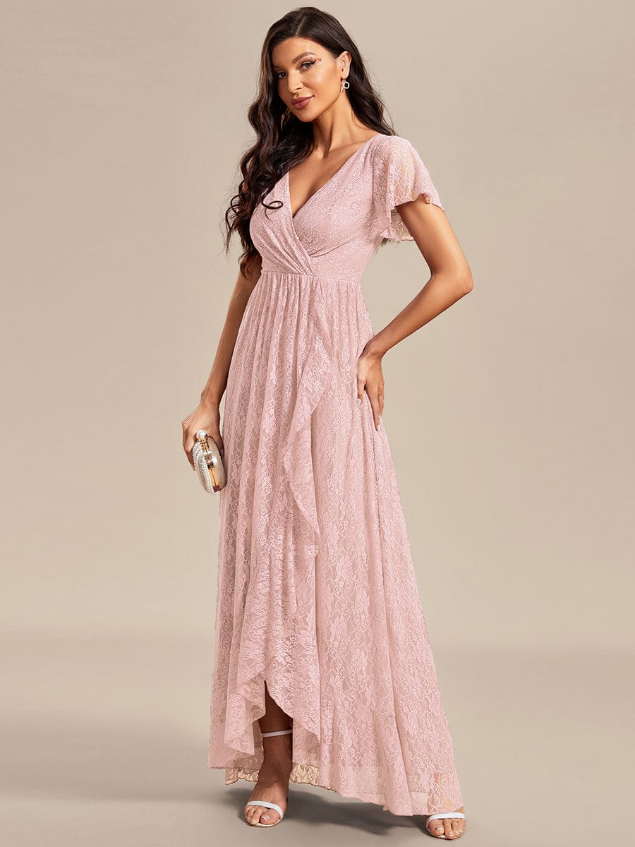 Pleated V-Neck Short Sleeve Ruffled Lace Evening Dress #color_Pink