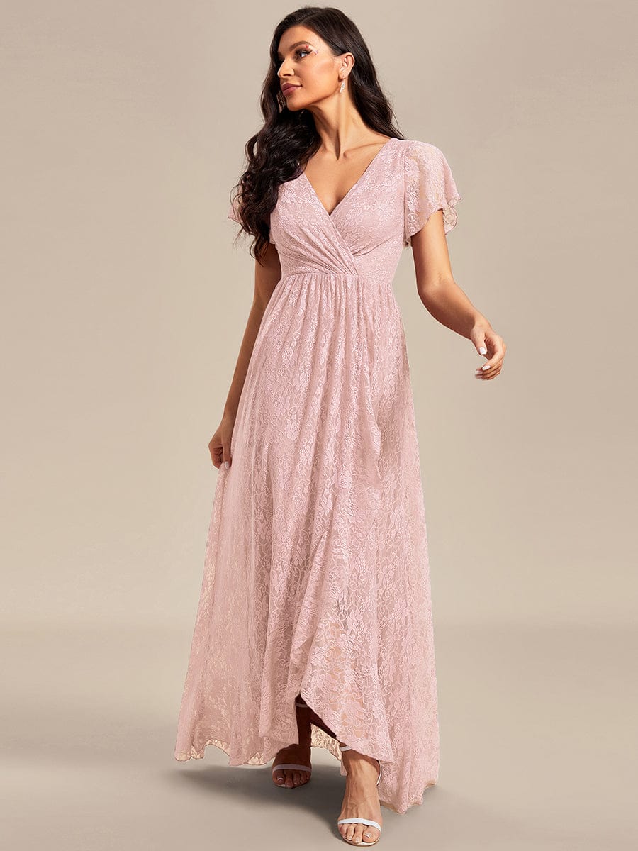 Pleated V-Neck Short Sleeve Ruffled Lace Evening Dress #color_Pink