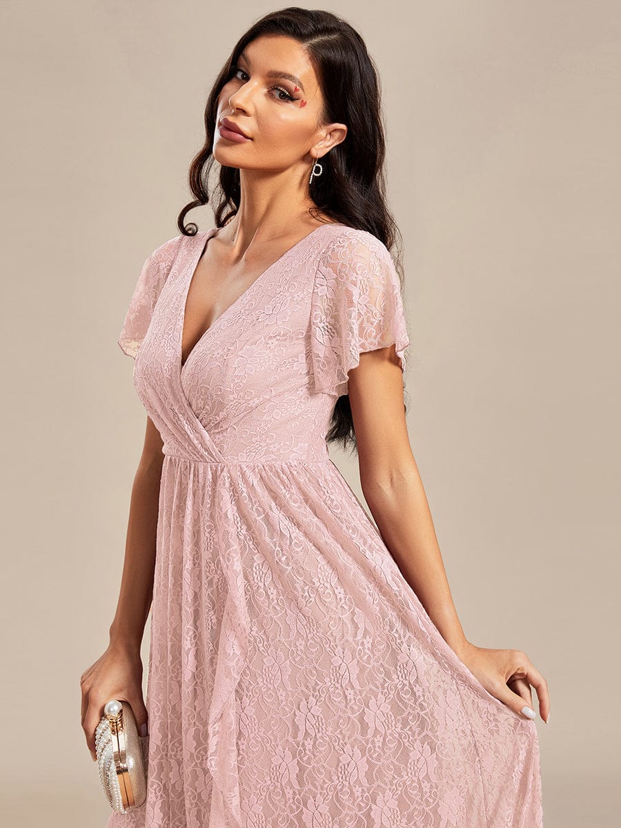 Pleated V-Neck Short Sleeve Ruffled Lace Evening Dress #color_Pink