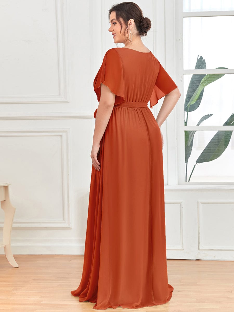 Plus Size Ruffle Pleated Chiffon Tie-Waist Evening Dress #color_Burnt Orange