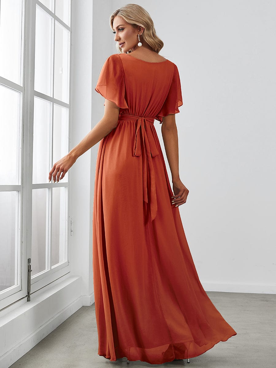 A-Line Pleated Chiffon Tie-Waist Evening Dress #color_Burnt Orange