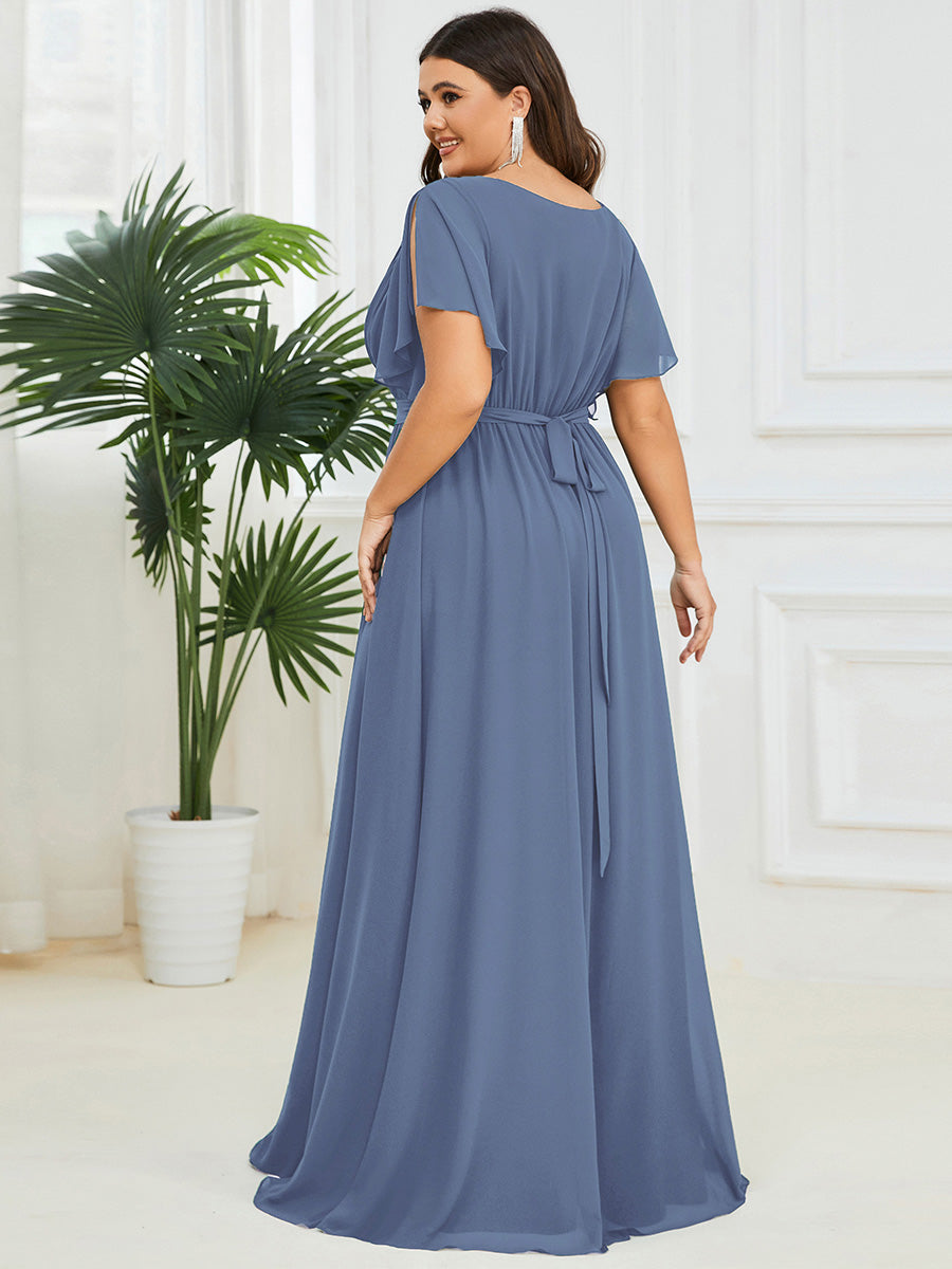 A-Line Pleated Chiffon Tie-Waist Evening Dress #color_Dusty Blue