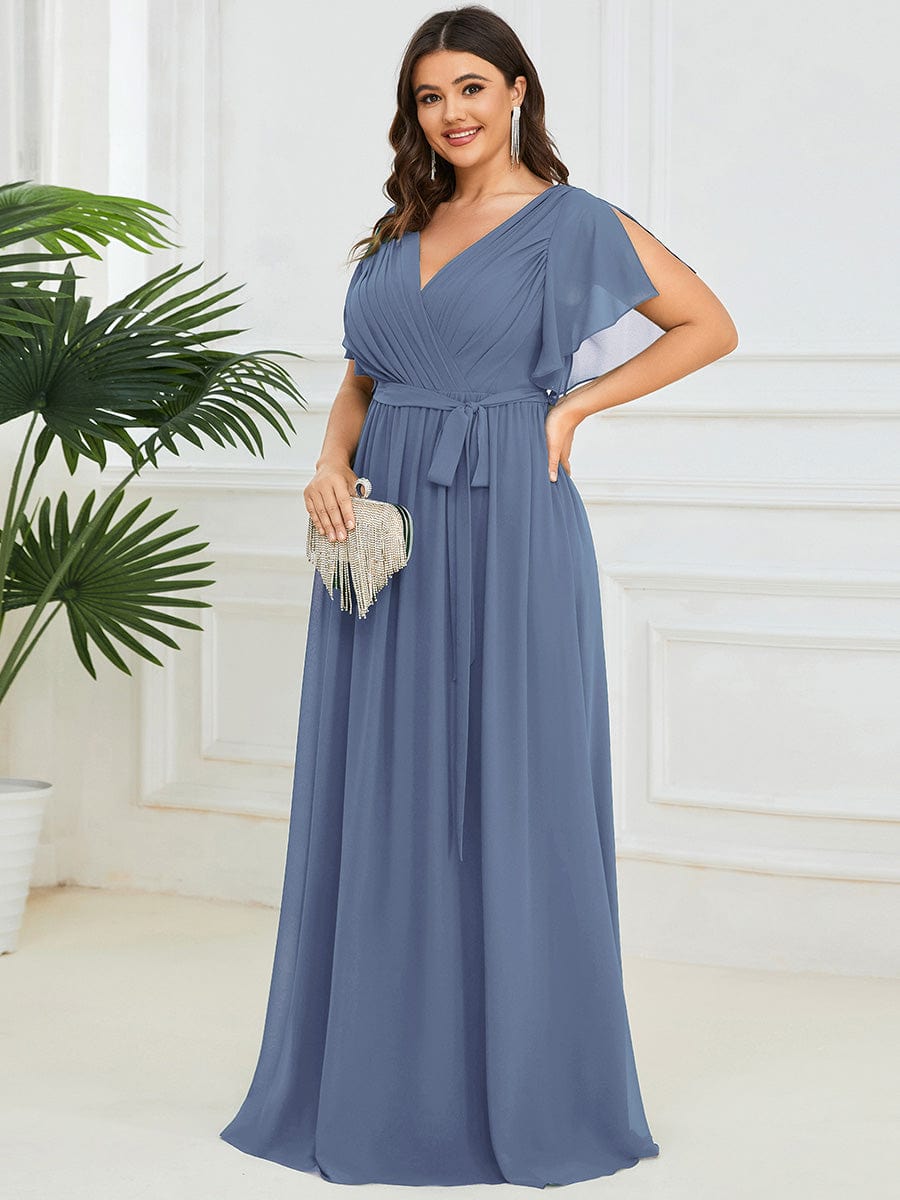 Plus Size Ruffle Pleated Chiffon Tie-Waist Evening Dress #color_Dusty Navy