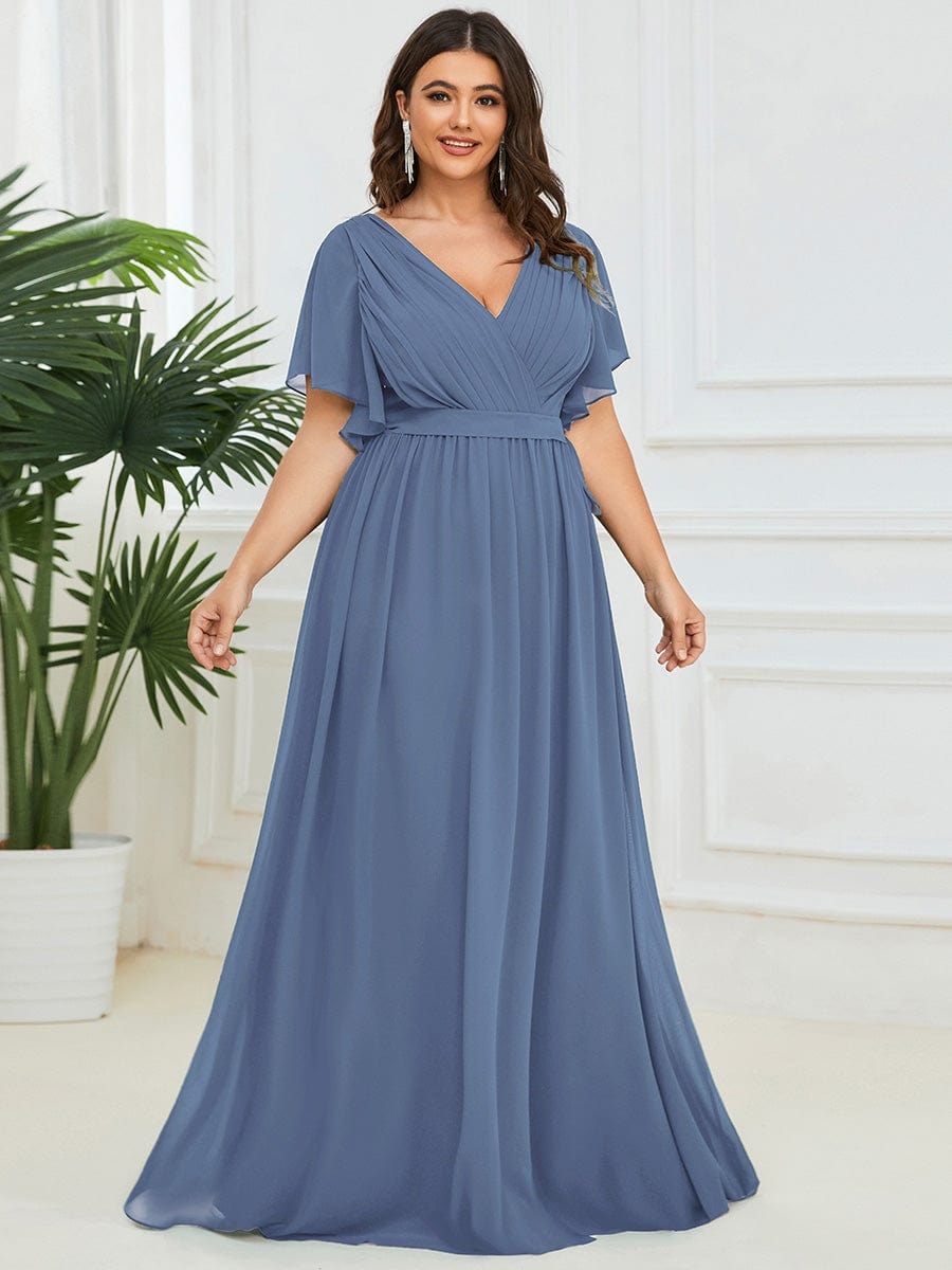 Plus Size Ruffle Pleated Chiffon Tie-Waist Evening Dress #color_Dusty Blue