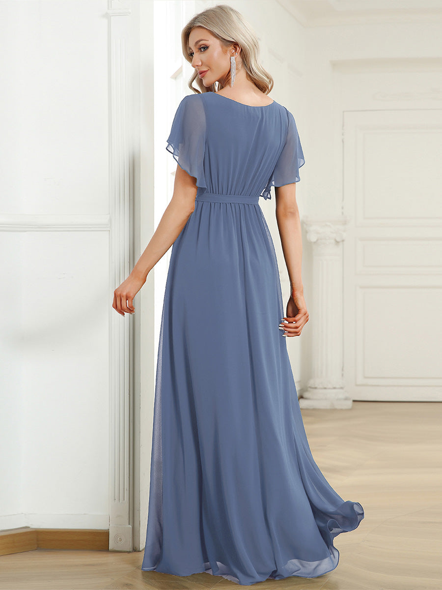 A-Line Pleated Chiffon Tie-Waist Evening Dress #color_Dusty Navy