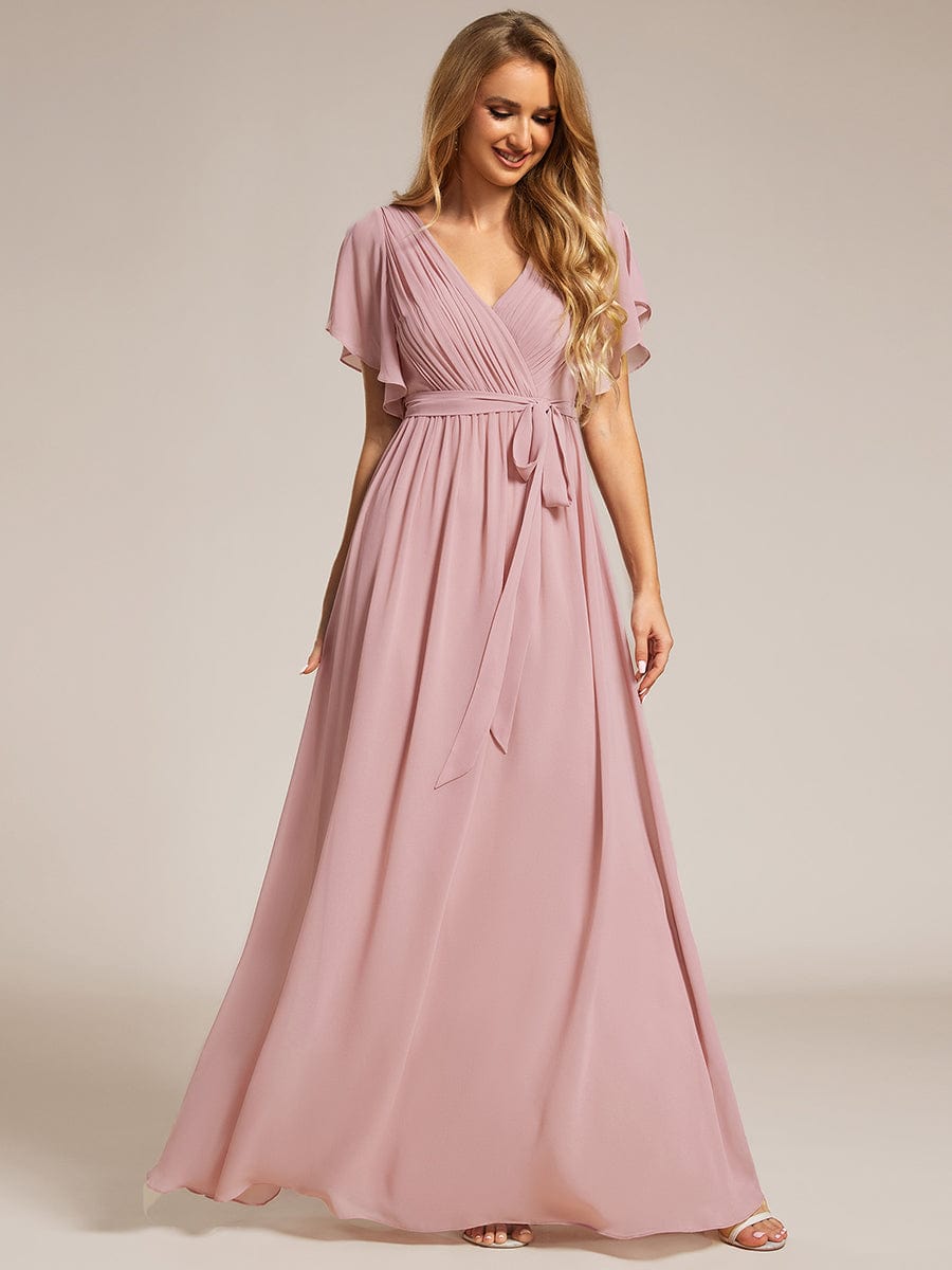 A-Line Pleated Chiffon Tie-Waist Evening Dress #color_Dusty Rose