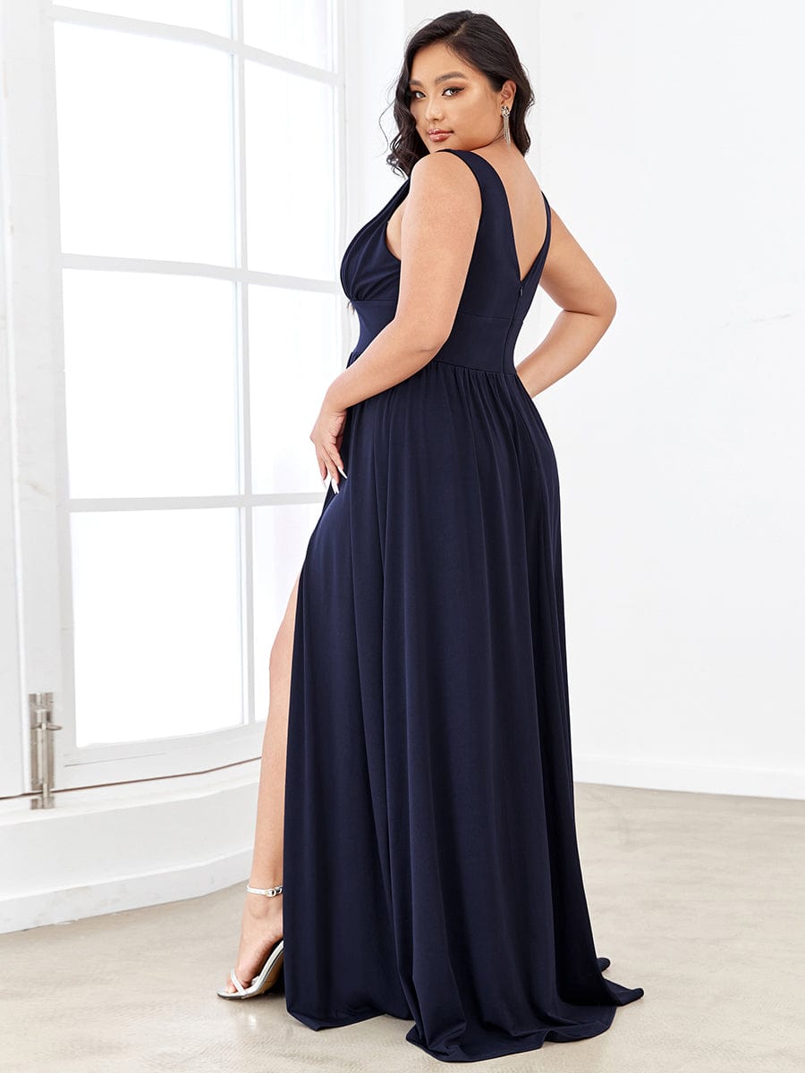 Chiffon High Slit Sleeveless V-Neck Empire Waist Evening Dress #color_Navy Blue