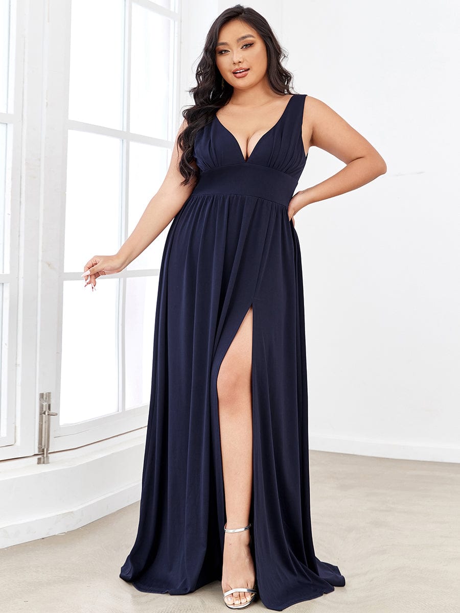 Chiffon High Slit Sleeveless V-Neck Empire Waist Evening Dress #color_Navy Blue