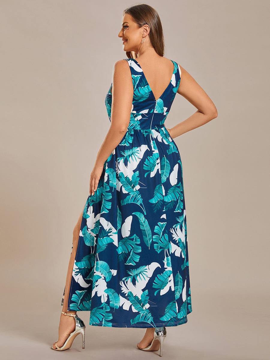 Summer Floral Sleeveless High-Slit Midi Evening Dress #color_Navy Green