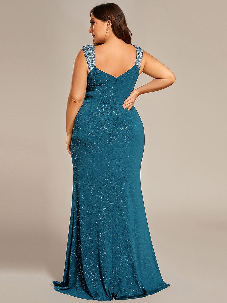 Plus Size Glitter V-Neck High Slit Sequin Shoulder Strap Evening Dress #color_Teal