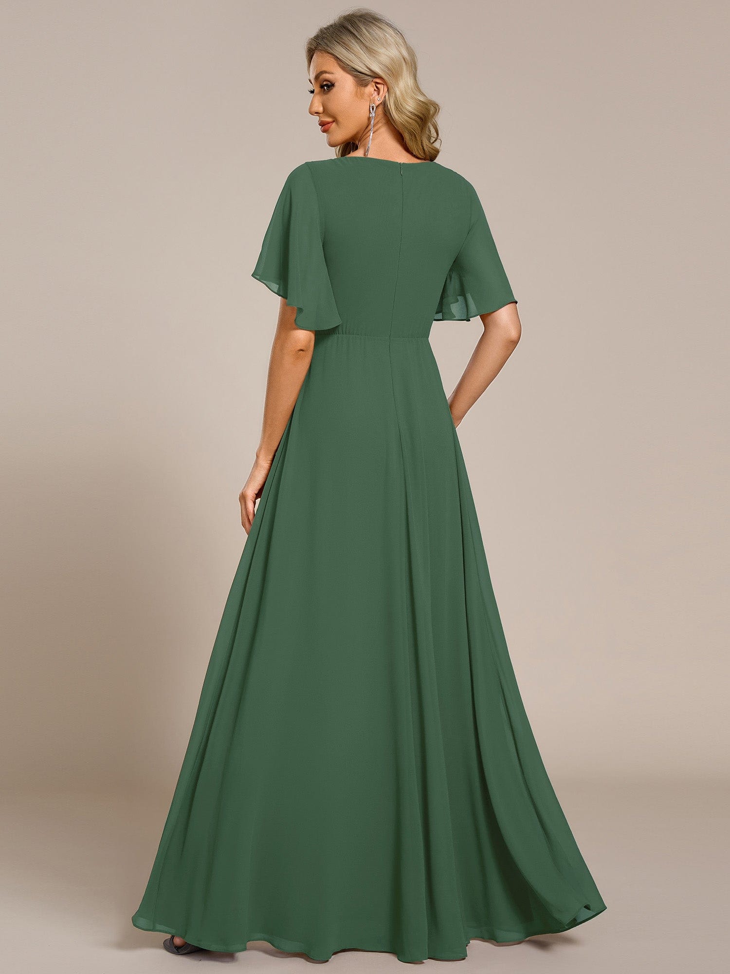 Ruffles Sleeve A-Line Chiffon Waist Applique Maxi Evening Dress #color_Eucalyptus