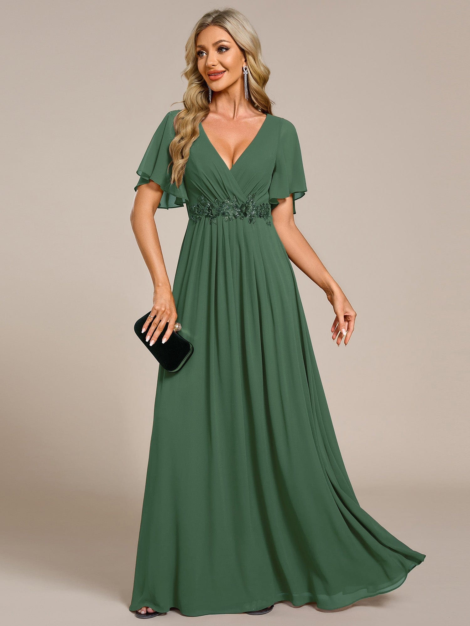 Ruffles Sleeve A-Line Chiffon Waist Applique Maxi Evening Dress #color_Eucalyptus