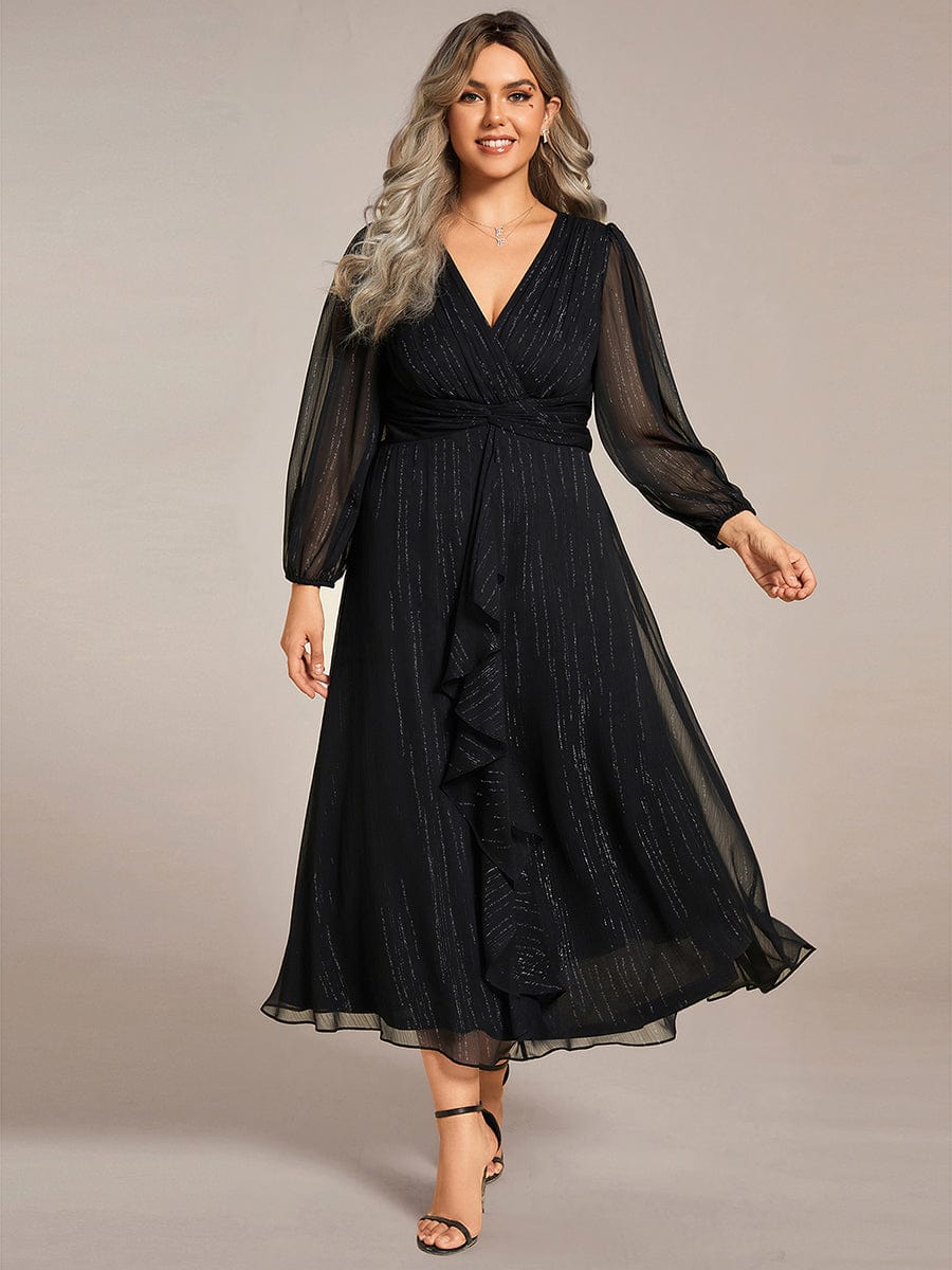 Plus Size Twist Knot Louts Leaf Long Sleeve A-Line Evening Dress #color_Black