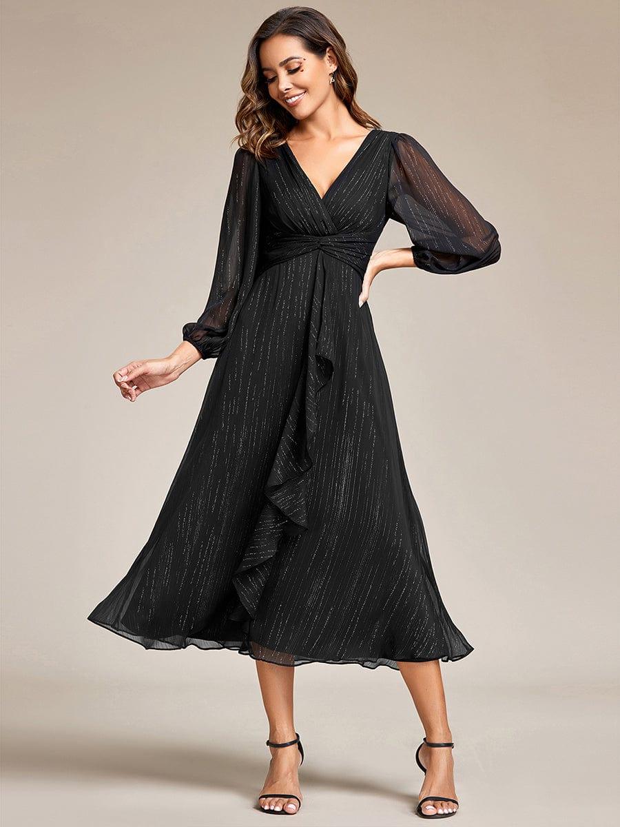 Glitter Twist Knot See-Through Long Sleeve Wedding Guest Dress #color_Black