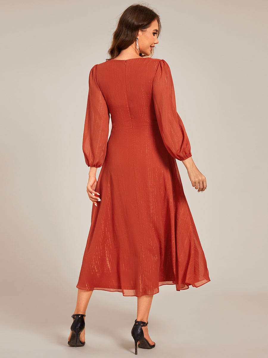 Glitter Twist Knot See-Through Long Sleeve Wedding Guest Dress #color_Burnt Orange