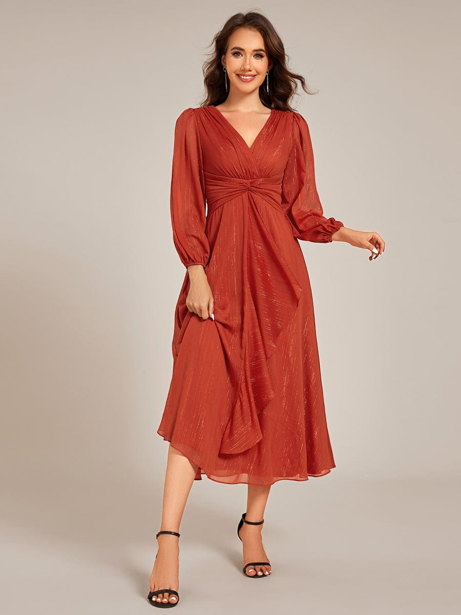 See-Through Long Sleeve Twist Knot A-Line Lotus Leaf Shimmering Evening Dress #color_Burnt Orange