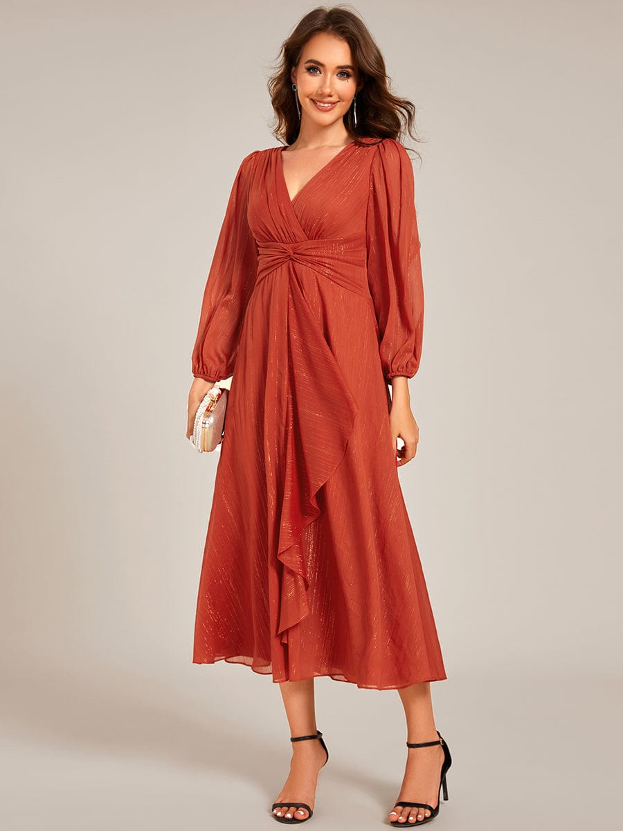 Glitter Twist Knot See-Through Long Sleeve Wedding Guest Dress #color_Burnt Orange