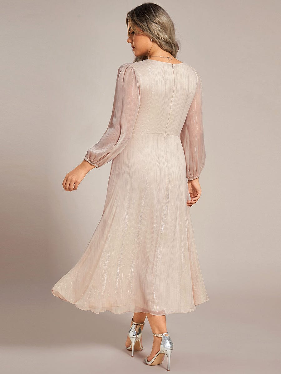 See-Through Long Sleeve Twist Knot A-Line Lotus Leaf Shimmering Evening Dress #color_Champagne