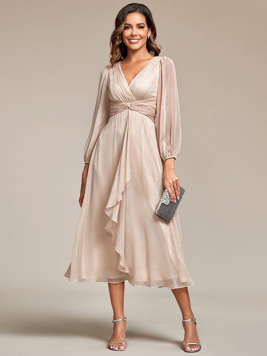 Glitter Twist Knot See-Through Long Sleeve Wedding Guest Dress #color_Champagne