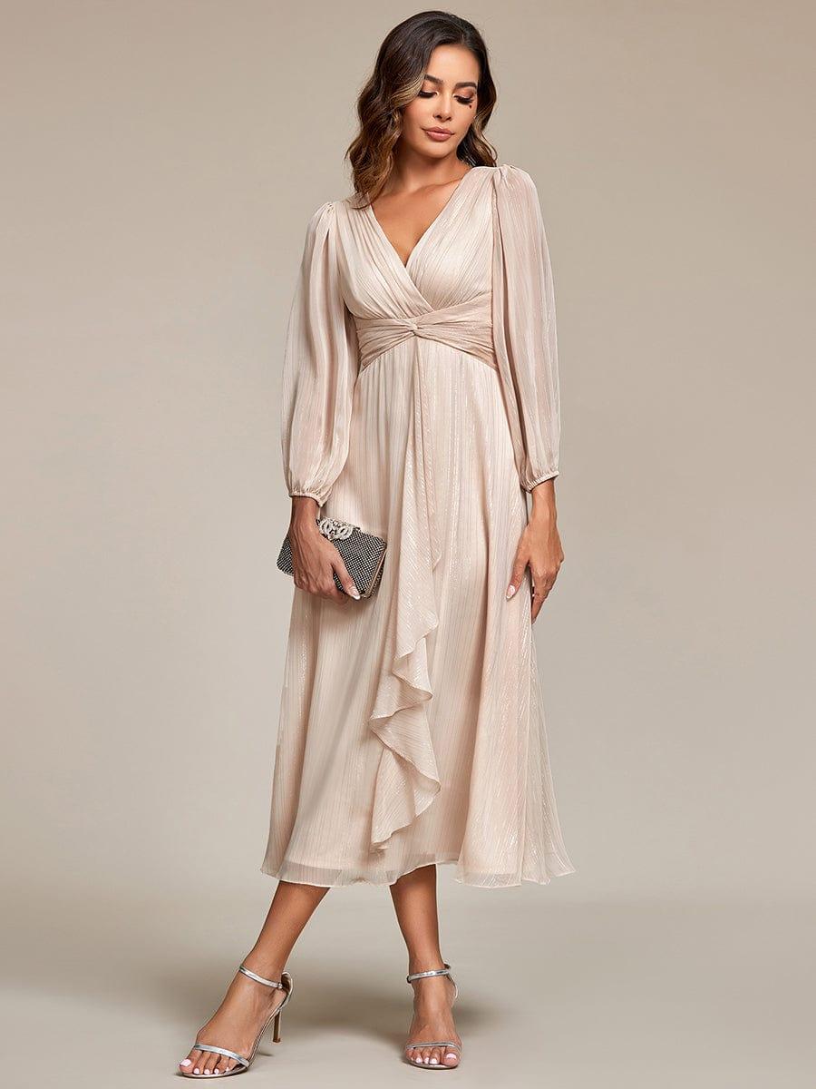 Glitter Twist Knot See-Through Long Sleeve Wedding Guest Dress #color_Champagne